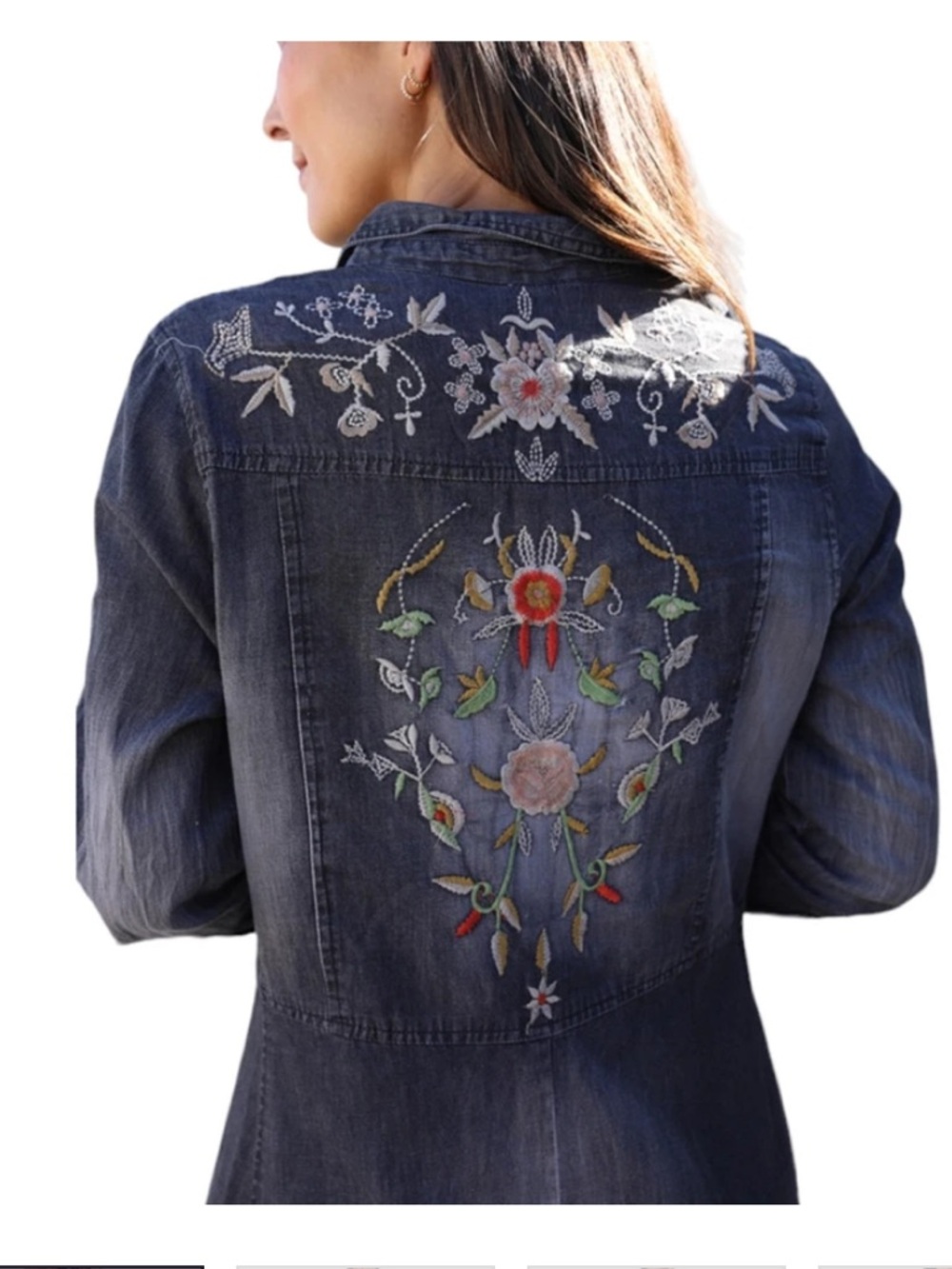 Nostalgia Gray 100% Cotton Denim Dress with Multicolor Floral Embroidery